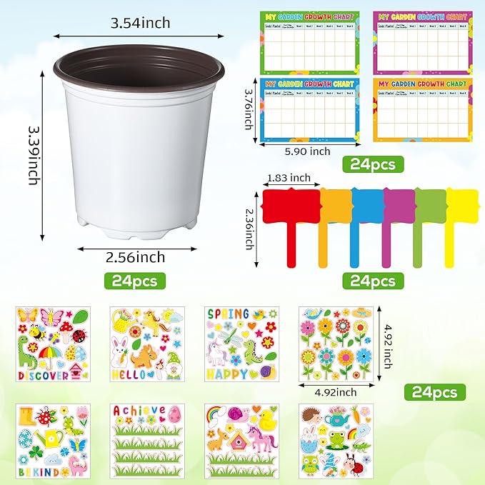 Capoda 24 Sets Garden Flower Pots Crafts Kit DIY Spring Plastic Seedling Nursery Pots with Stickers Plant Labels Growth Charts Planting Growing Tools Classroom Activities Project Gifts (Round)