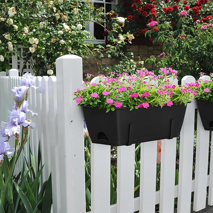 CADUKE 6 PCS Railing Planter Boxes, Black Planter Boxes with Adjustable Bracket, 17 Inch Deck Rail Planters for Outdoor Plants, Flower Pots for Balcony Garden Decor