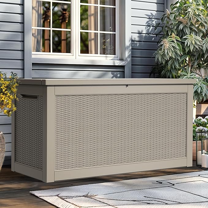 YITAHOME XXL 260 Gal Large Deck Box, Outdoor Resin Storage Box, Rattan Storage Container for Patio Furniture, Garden Tools, Waterproof, Lockable (Brown)
