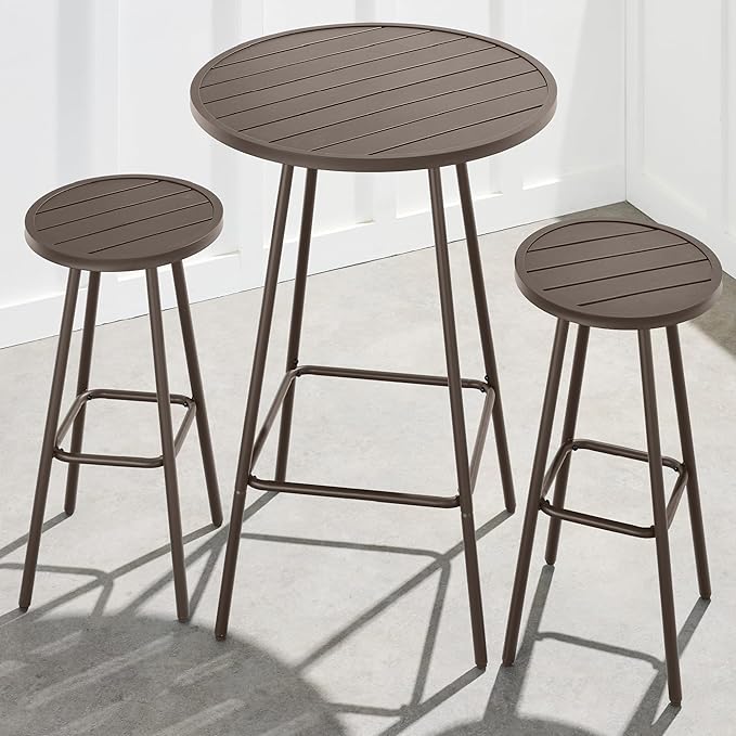 Best Choice Products 3-Piece Patio Dining Set, Bar Height, Outdoor Bistro Set, Outdoor Round Bar Table w/ 2 Bar Stools, Steel - Taupe