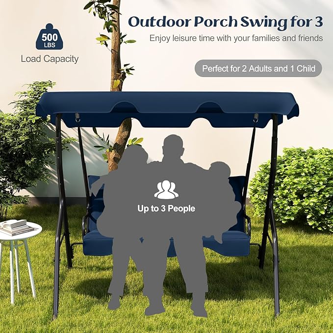 Tangkula 3 Person Porch Swing, Patio with Removable Cushion & Powder-Coated Steel Frame, Outdoor Swing with Canopy for Porch, Backyard, Garden, Balcony(Navy)