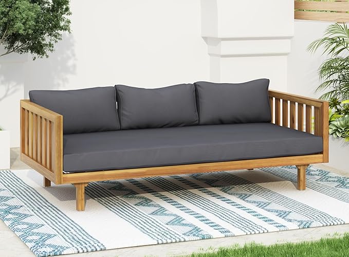 Merax Outdoor 3 Seater Daybed, Acacia Wood Day Bed Couch Sofa with Cushions for Patio Backyard, Garden, Dark Grey + Brown