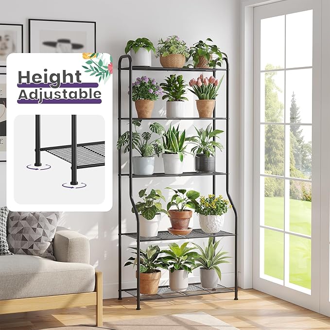 5-Tier Corner Plant Stand, Metal Black Flower Pot Rack, Indoor Outdoor Heavy Duty Shelf (Black, 5 Tier)