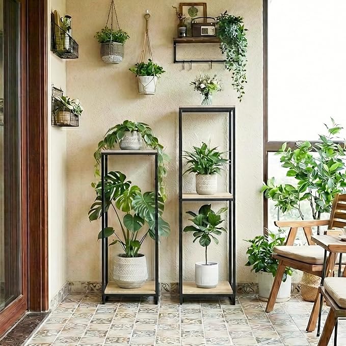 34" Tall Plant Stand Indoor, 2-Tier Modern Plant Shelf, Corner Flower Pot Holder Organizer for Living Room Balcony Patio Garden (Light Oak)