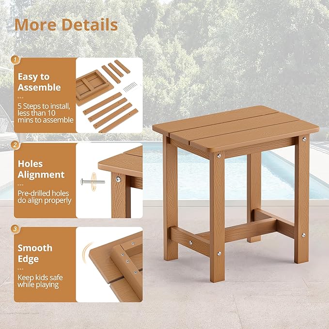LUE BONA Outdoor Side Table Set of 2, HDPS Small Outdoor Adirondack Side Tables, Outside End Table for Patio, Porch, Deck, Pool, Weather Resistant/Easy Maintenance, Teak Color