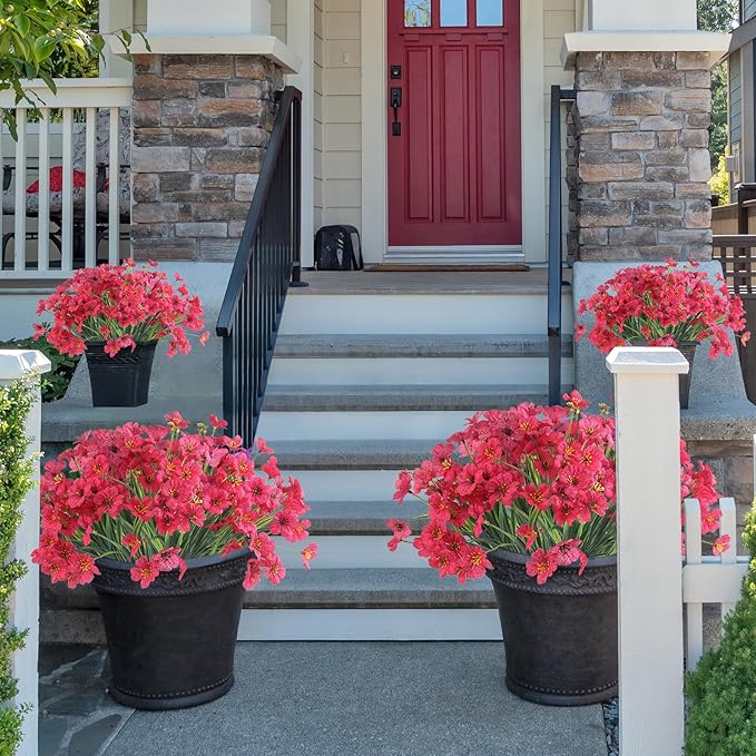 24 Rose Red Bundles Artificial Flowers for Outdoors/Indoors Fake Flowers Plants for Indoor Outside Garden Porch Window Box Home Wedding Farmhouse