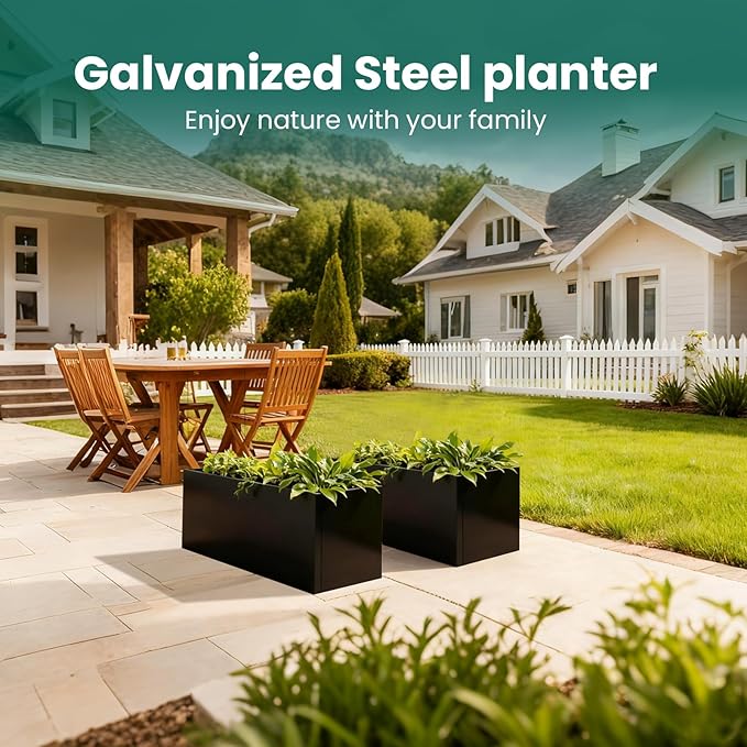 Galvanized Steel Metal Planter 25" L x 11" W x 13" H Rectangular Indoor Black Planter Box Large Outdoor Planters Steel Commercial Residential for Patio, Garden