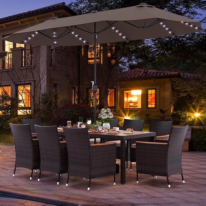 Tangkula 11 Pieces Rattan Outdoor Dining Set with 15Ft Solar Patio Umbrella for 8, Outdoor Wicker Table Set with 8 Cushioned Chairs, Acacia Wood Top, Outdoor Umbrella with Base Included