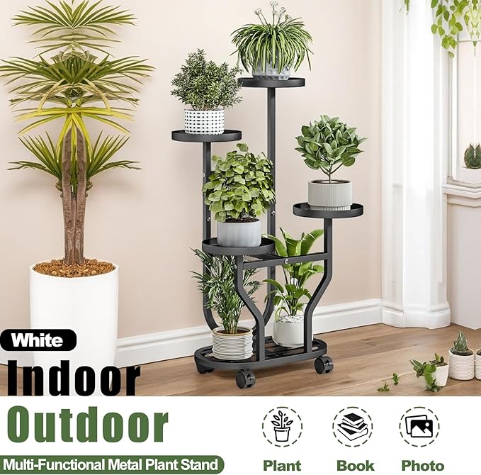 Plant Stand Indoor Outdoor 4 Tier Flower Holder with Wheels Metal Plant Shelf Corner Display Rack Multi Plants Sheleves for Living Room Garden Patio Black