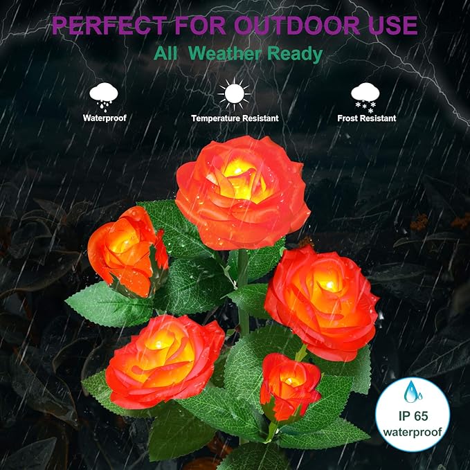 Solar Flower Lights Outdoor - Upgraded Two Modes Realistic LED Solar Powered Waterproof Roses, Decorative Stake for Garden (Orange, 1 Pack)