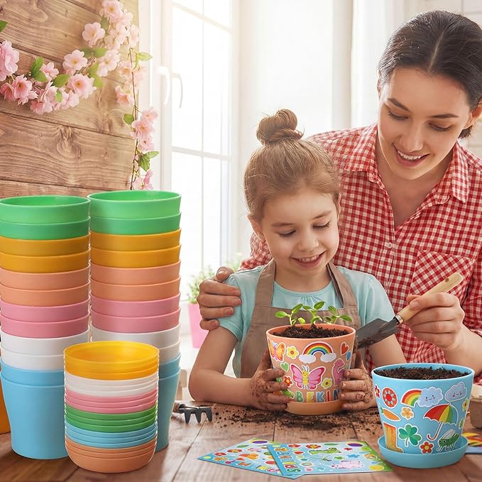 Capoda 48 Sets Garden Flower Pots Crafts Kit DIY Spring Plastic Seedling Nursery Pots with Stickers Plant Labels Growth Charts Planting Growing Tools Classroom Activities Project Gifts (Colorful)