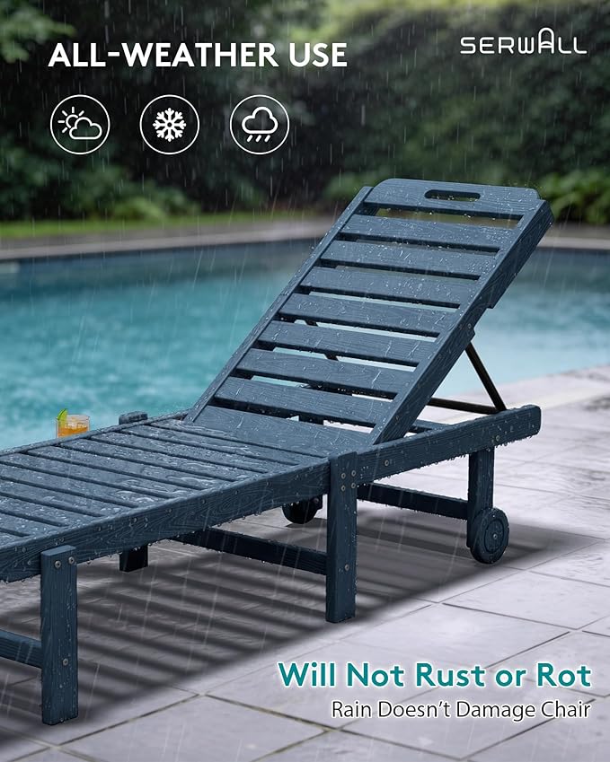 SERWALL Patio Chaise Lounge Chair Set of 4, HDPE Outdoor Lounge Chair with Cup Holder, 5 Positions Adjustable Poly Lounger with Rolling Wheels for Poolside, Deck, Sunbathing, Blue