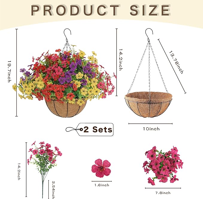 Senjie 2 Set Artificial Hanging Flowers with Basket for Outdoor Decor, UV Resistant 24 Bundles Faux Flowers Fake Hanging Planter for Porch Patio Balcony