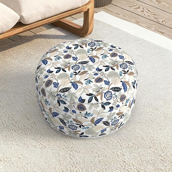 LVTXIII Indoor/Outdoor Extra Large Inflatable Ottoman Pouf D31 x H14 Inch, Round Footstool with Handle, Weather-Resistant Portable Furniture for Patio, Camping, Beach, Breeze Leaves Beige