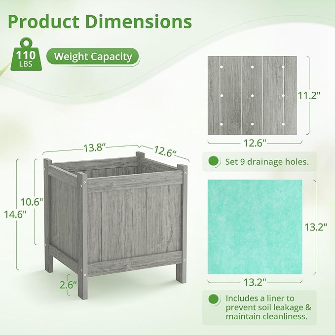 LUE BONA Outdoor Plant Pots, 13.7" x 12.5" x 14.5" HDPS Flower Pots with Drainage Holes, Outdoor Planters Boxes for Outdoor Plants - Porch Patio, Garden or Entryway, Light Gray-Oil Printed