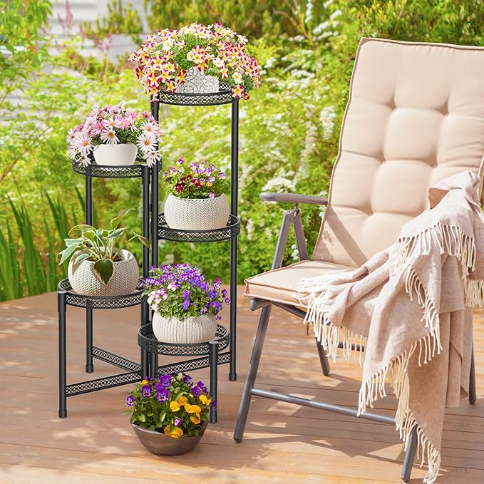 iDavosic.ly Plant Stand Indoor Outdoor, 5 Tier Corner Metal Flower Display Holder Shelf, Easy Assembly Folding Tall Orchid Rack for Patio Balcony Porch Garden Living Room House, Wrought Iron - Modern Black