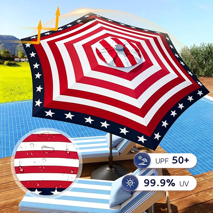 Abba Patio 9FT Lyon Outdoor Patio Umbrella Outdoor Table Umbrella with Push Button Tilt and Crank Market Umbrella 6 Sturdy Ribs UV Protection Waterproof for Garden Deck Backyard Pool, Star-Spangled