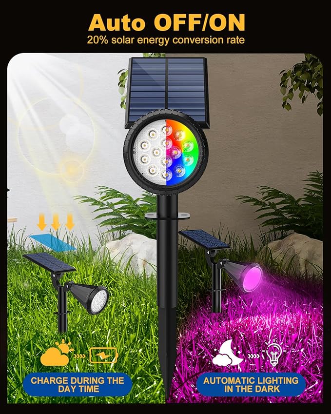 Solar Spot Lights Outdoor Color Changing, 7 Modes/14 LED Outdoor Solar Lights for Yard, Waterproof RGB Multicolor Solar Landscape Spotlights Auto On/Off for Flood, Yard, Tree, Pathway, 4 Pack