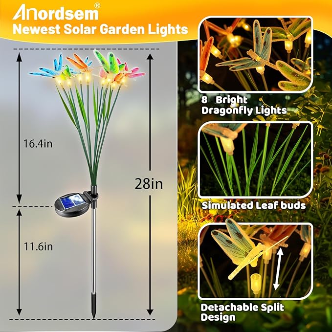 Anordsem Solar Garden Lights Outdoor: 8 Removable Fiber Optic Fabric Dragonflies 4 Pack - Waterproof Fun Animal Decoration for Yard Patio - Gardening Gifts for Garden Lovers