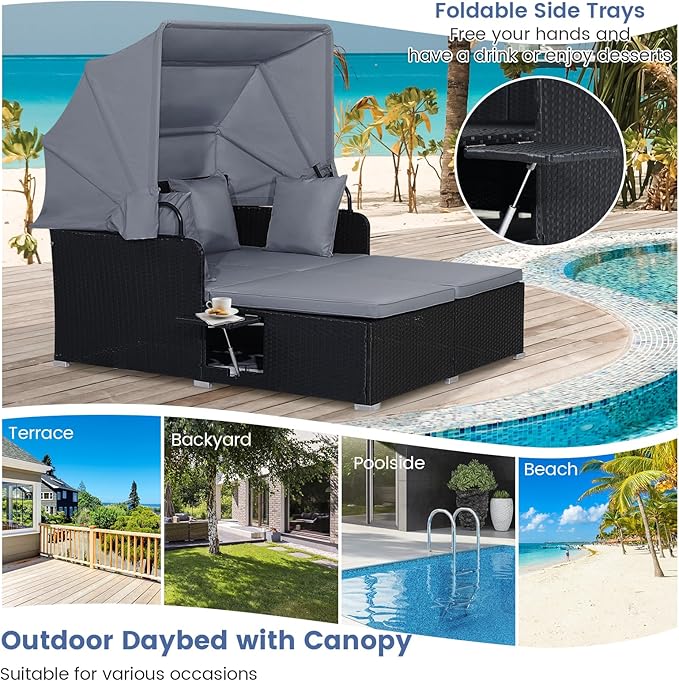 COSTWAY Outdoor Daybed with Retractable Canopy, Wicker Patio Furniture Set with Cushioned Pillows, Patio Rattan Daybed for Deck, Backyard, Poolside (Grey)