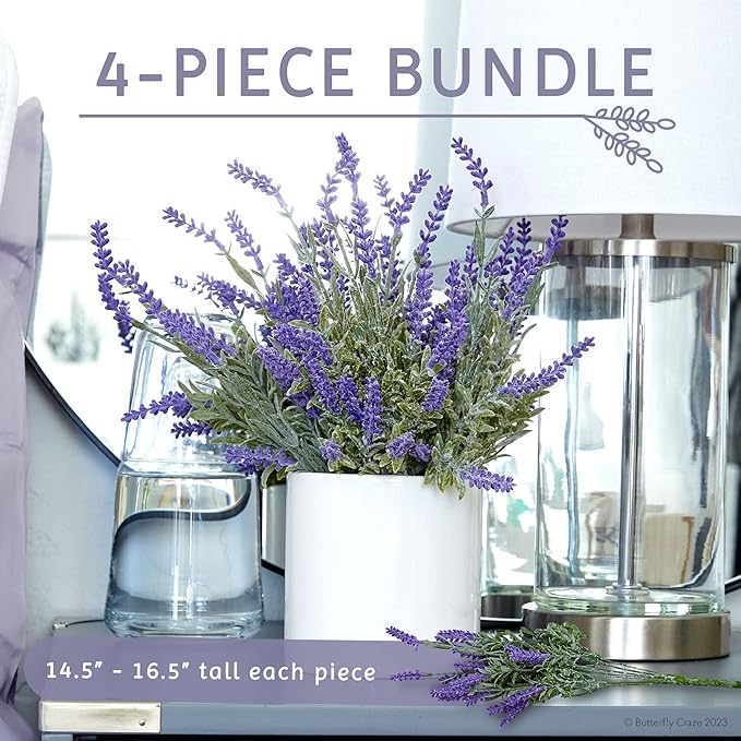 Butterfly Craze Lavender Artificial Flower Stems - UV-Protected Outdoor Artificial Plants - Plastic Flowers for Outdoors - Floral Picks for Weddings & Centerpieces - 4 Pack, 14.5"-16.5"