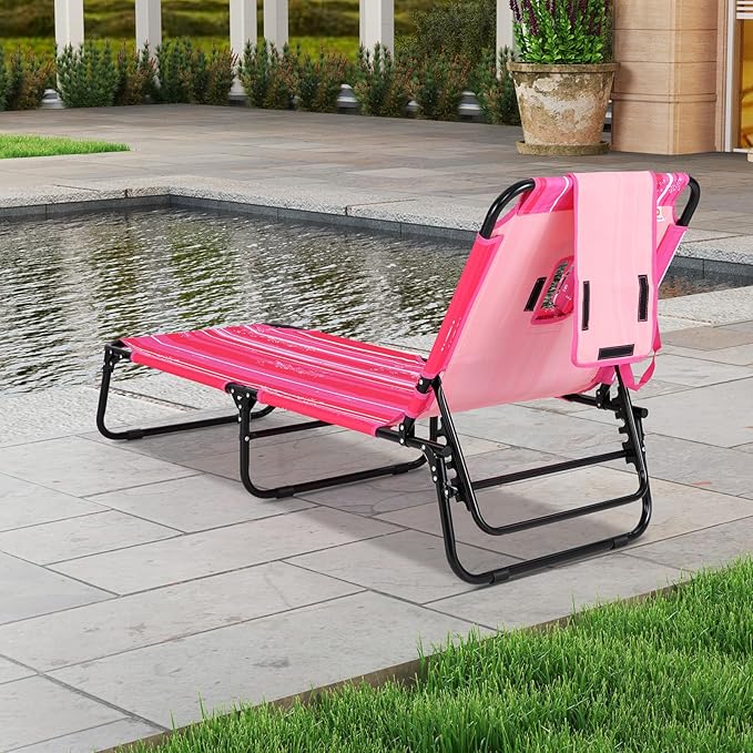 GYMAX Tanning Chair, 350lbs Beach Lounge Chair with Face Hole, Washable Pillow & Carry Strap, Adjustable Folding Chaise Lounge, Layout Lounger for Outside, Patio, Poolside, Lawn (1, Pink Stripe)