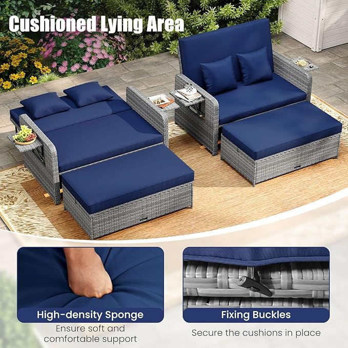 Tangkula Patio Rattan Daybed with 4-Level Adjustable Backrest, Outdoor PE Wicker Loveseat with Storage Ottoman & Folding Side Table, Double Sunbed for Balcony, Backyard & Poolside, Navy & Grey