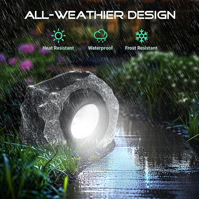 2 Pack Solar Rock Lights Outdoor, Angle Adjustable Solar Lights Outdoor Waterproof, LED Solar Garden Lights, Auto On/Off Landscape Lighting for Yard Pathway Patio Flower Bed - White Glow (Stone Gray)