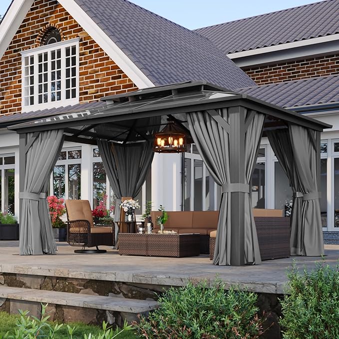 Aoxun 10'x14' Hardtop Gazebo, Aluminum Frame Permanent Pavilion with Curtains and Netting, Outdoor Polycarbonate Double Roof Canopy, Gray