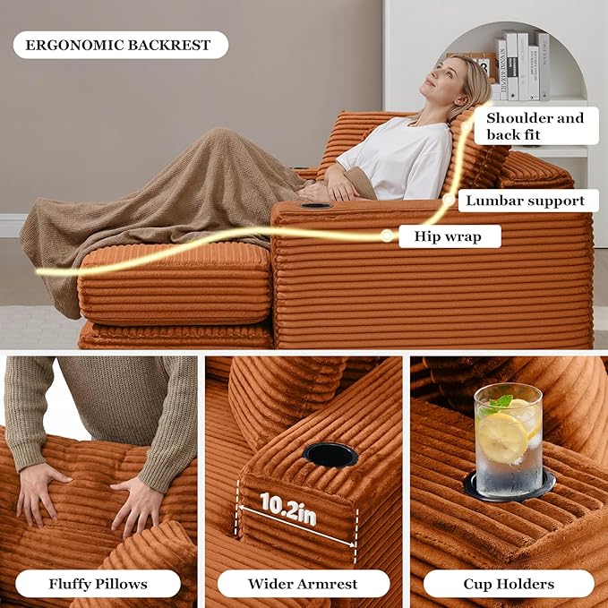 HANXIN 62" Chaise Lounge Chair Indoor, Oversized Corduroy Boneless Convertible Chaise Lounge Couch Sleeper Chair with Ottoman, Deep Seat Reading Chair, No Assembly Required (Orange)