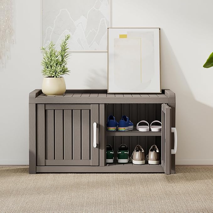 2-Tier Storage Bench, Waterproof UV-Resistant Outdoor Shoe Storage Cabinet with 2 Doors & Adjustable Shelves for Indoor Outdoor Entryway, Hallway, Living Room (Grey)