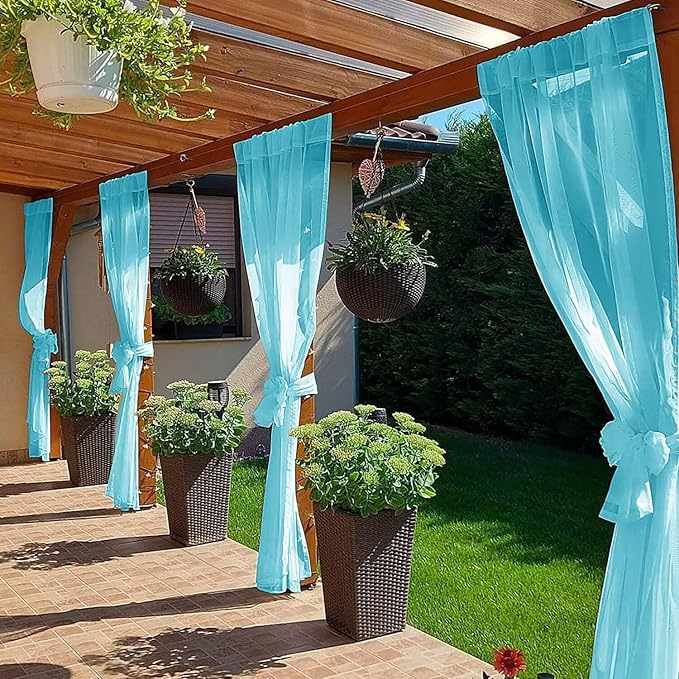 SpaceDresser Waterproof Outdoor Sheer Curtains for Patio - 4 Panels Rod Pocket Indoor Voile Sheer Curtain for Living Room,52W x 84L inch, Aqua