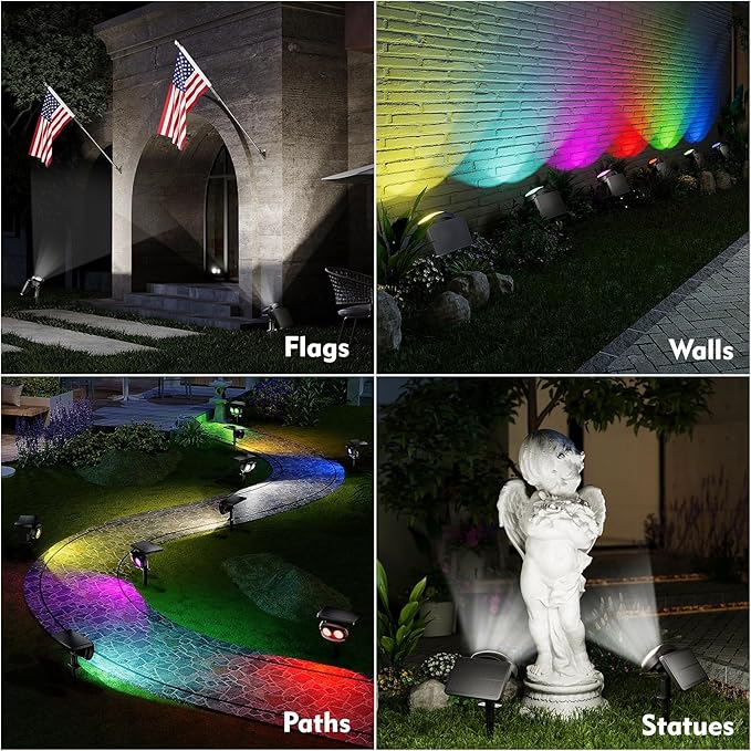 Solar Spot Lights Outdoor Waterproof IP68, RGB Colors Changing Solar Lights with 4 Lighting Modes, Solar Powered Lights Outdoor for Garden Yard Pathway Landscape (4Pack)