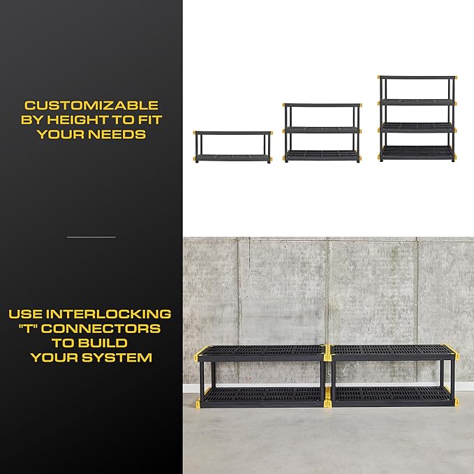 CX Black & Yellow, 4-Tier Heavy Duty Plastic Storage Shelves that Support up to 200lbs/shelf, Organization and Storage, Weather-Resistant Design, Easy Assembly (55"H x 48"W x 20"D)