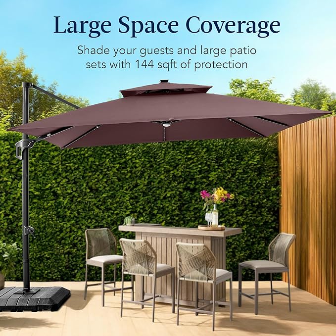 Best Choice Products 12x12ft LED Cantilever Patio Umbrella w/Base Included & 360° Rotation, Large Solar Offset Hanging Outdoor Sun Shade for Deck, Backyard Table w/Stand & Lights – Deep Taupe