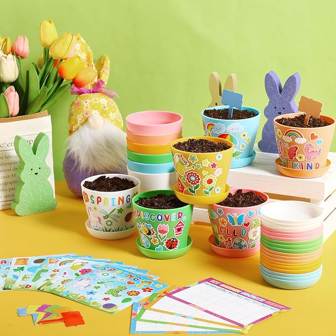 Capoda 48 Sets Garden Flower Pots Crafts Kit DIY Spring Plastic Seedling Nursery Pots with Stickers Plant Labels Growth Charts Planting Growing Tools Classroom Activities Project Gifts (Colorful)