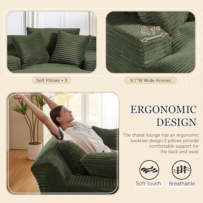 80 Inch Chaise Lounge Chair Indoor, Oversized Corduroy Upholstered Boneless Sofa Bed, Deep Seat Sleeper Couch Reading Chairs, Cloud Sofas Couches for Living Room, No Assembly Required (Olive Green)