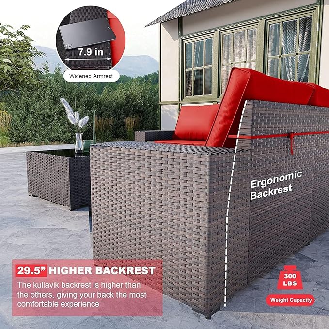 Kullavik 13PCS Outdoor Patio Furniture Set with 43" 55000BTU Gas Propane Fire Pit Table PE Wicker Rattan Sectional Sofa Patio Conversation Sets,Red