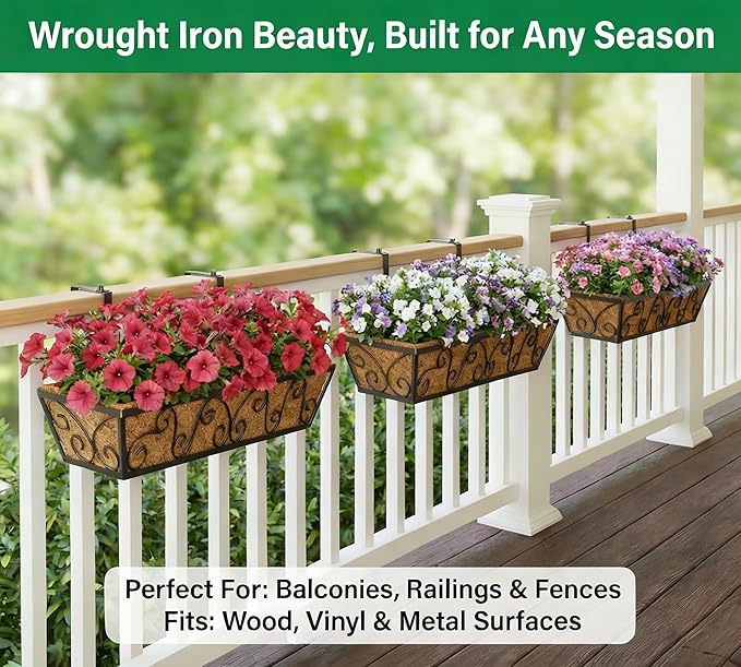 Y&M 30 Inch Butterfly Window Deck with Coco Liner, Fence Metal Hanging Flower Planter Window Basket Deck Railing Planter Boxes for Outdoor Garden Lawn 4pcs
