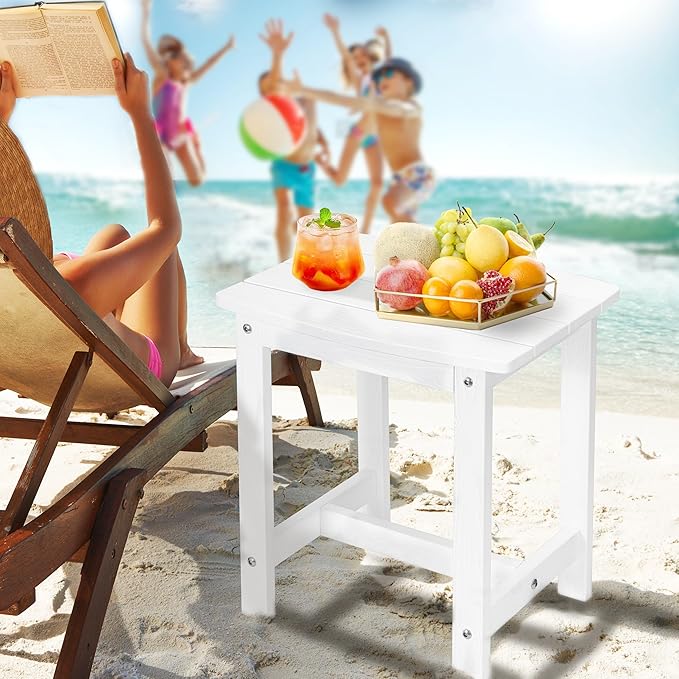 Y&M Outdoor Side Table, HIPS Adirondack Small Single Table, Waterproof Square Outside Table, Balcony Modern End Tables for Patio, Pool, Beach, Porch, Deck, Indoor or Outdoor Use (White, 2 Pack)
