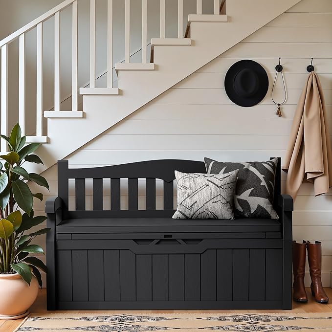Greesum 80 Gallon Heavy-Duty Outdoor Storage Bench with Cushion, UV-Resistant Resin Bench with Armrest, Deck Box for Garden, Poolside, Patio, Black