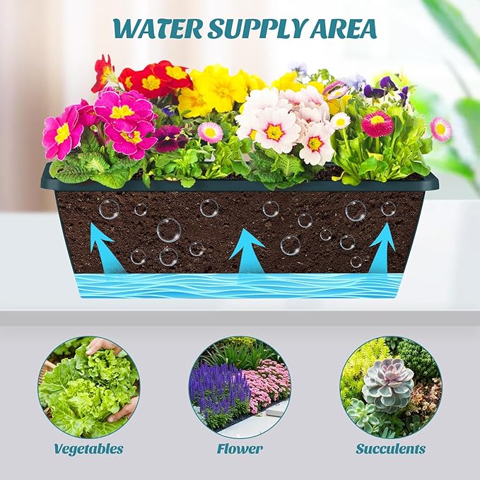 CADUKE 2 Pack Railing Planter Boxes Railing Flower Box with Adjustable Bracket 17 Inch Window Boxes Rectangle Window Deck Hanging Planters Boxes for Outdoor Patio, Green
