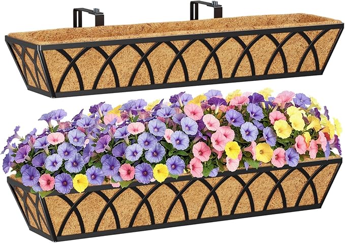 HFHOME 2 Pcs 30" Window Box Deck Railing Planter with Horse Trough Coco Liners, Black Metal Hanging Flower Planters Baskets for Indoor, Outdoor, Balcony, Porch, Fence, Patio, and Lawn