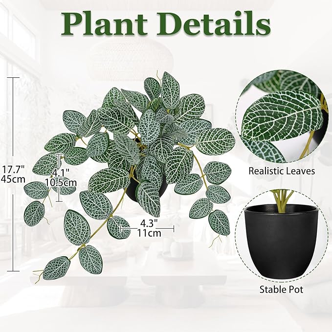 17.7" Artificial Plants Indoor Home Decor, Fake Potted Silk Plants for Shelves, Desks, Living Room, Home & Office Decor, Small Artificial Ivy Vine Nerve Plant in Pot, Faux Greenery Tropical Plant