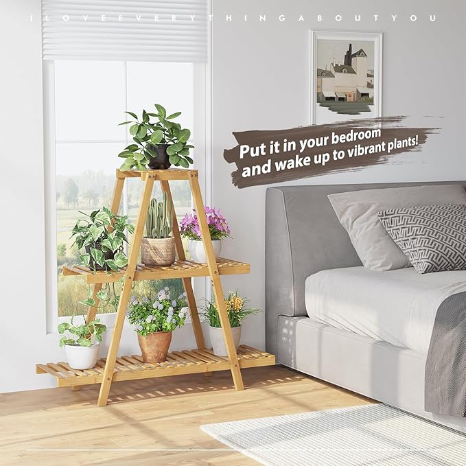 Plant Stand For Indoor Outdoor Tiered Plant Shelf 3 Tier 8 Potted Bamboo Flower Holder Ladder Rack For Multiple Triangle Table Plant Pot Stand (Natural)