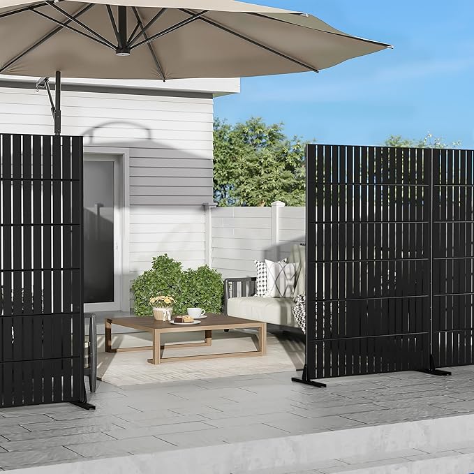 Casaphoria Metal Privacy Screen Outdoor, 72" H x 47" W Freestanding Decorative Privacy Screen for Patio Deck Balcony Garden with Stable Base, Black-Fence