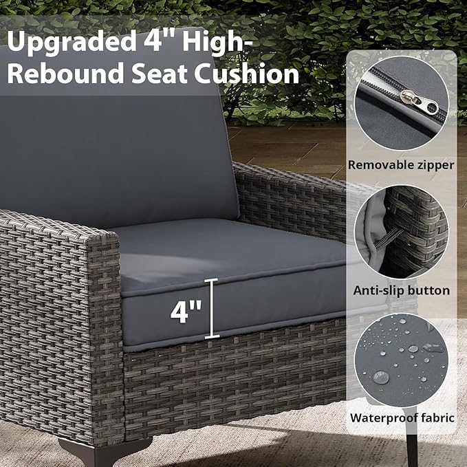 Jing's Villa 2-Piece Outdoor Sectional Single Chair Set, All-Weather Wicker Patio Furniture with L/R Armrest & Cushions, Comfortable Garden Conversation Set for Backyard, Poolside, Deck,Gery