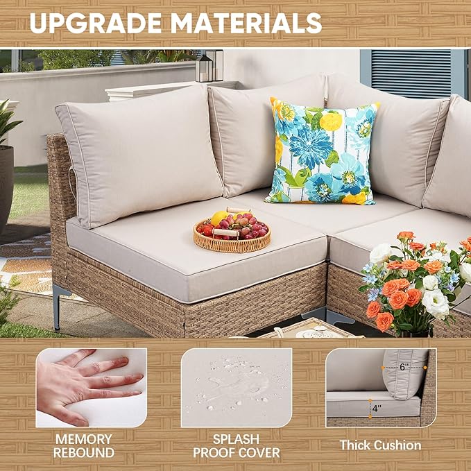 7 Piece Wicker Patio Furniture Set,Outdoor Conversation Sectional Sofa w/Coffee Table,All-Weather Outdoor Sofa with Thick and Anti-Slip Cushions for Deck,Poolside,Garden,Beige