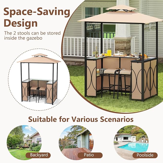 Tangkula 3-Piece Patio Bar Set, Grill Gazebo & 2 Bar Stools with Tempered Glass Bar Table, Metal Storage Shelves, Glass Holders, Double-Tier Soft Top Canopy BBQ Gazebo Shelter for Patio Garden (Brown)