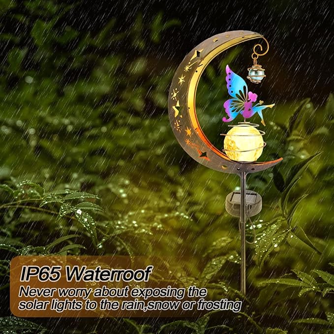 Solar Fairy Garden Light Decor, Moon Fairy Stake Lights, Crackle Glass Globe with Color Angel Decor, Outdoor LED Pathway Lights Waterproof for Walkway, Yard, Lawn, Patio or Courtyard